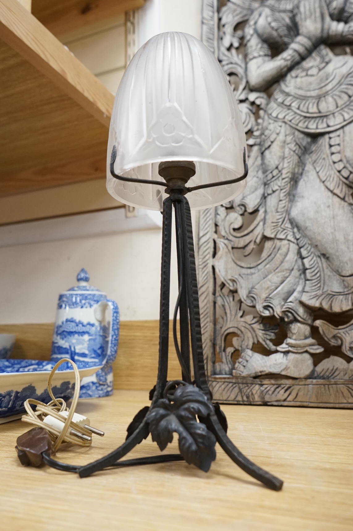 A French Art deco wrought Iron table lamp with mushroom glass shade, 34cm high